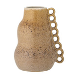 Souri Stoneware Vase 23cm in brown, featuring a curved, speckled body with a narrow neck and a side handle of open circular loops, set against a plain white background.