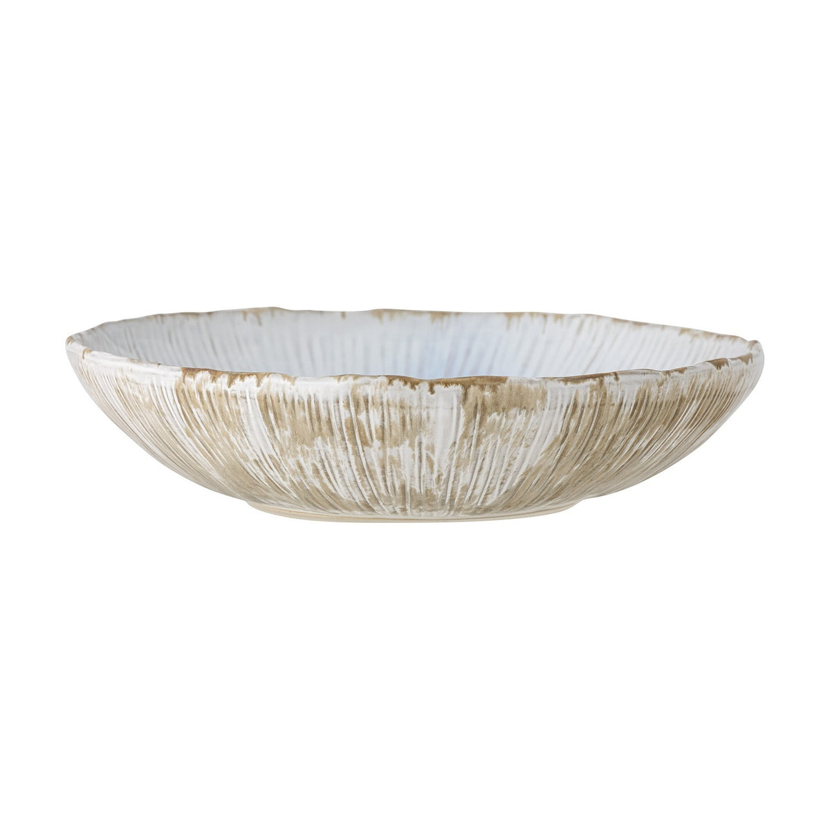 Mati Fluted Stoneware Bowl 29cm in white, a wide shallow dish with a textured, radiating fluted pattern inside and out and a gently wavy rim, shown on a plain white background.