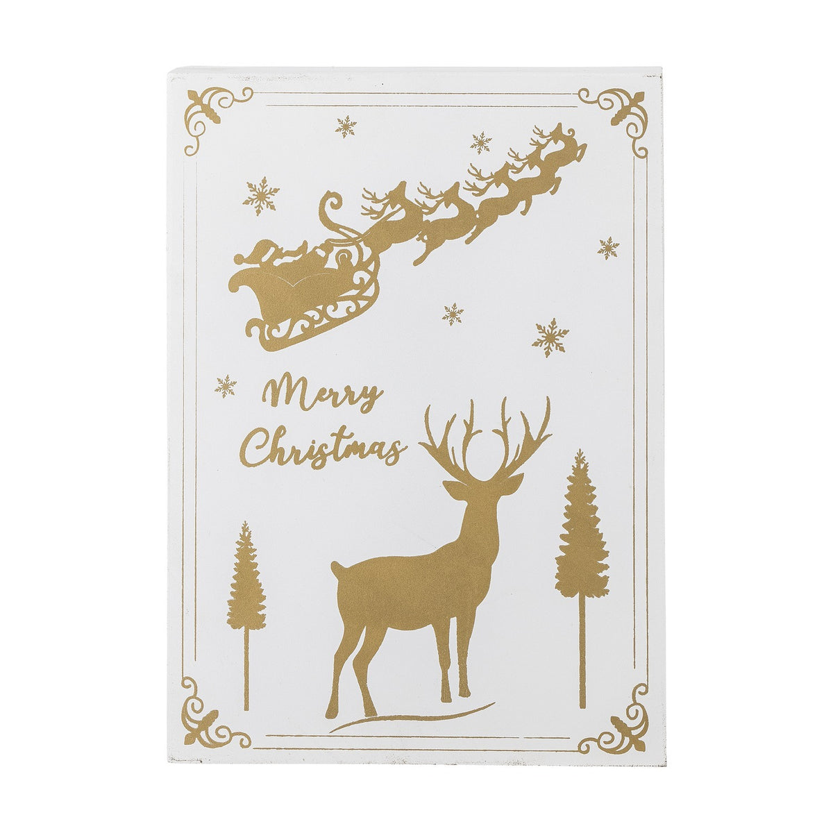 Elimar Wooden Advent Calendar in white, a plywood book-style box printed with gold sleigh, reindeer, stag, fir trees and Merry Christmas text within a scrolled border, shown on a plain background.