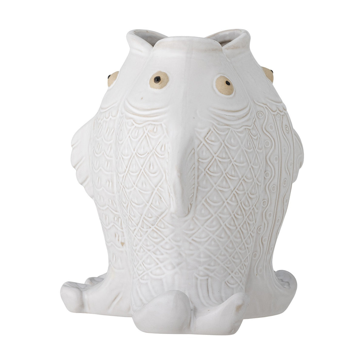 Fili Fish Stoneware Vase 19cm in white, shaped as two fish standing back to back with raised scale patterns, round eyes and curled tail feet, photographed on a plain white background.