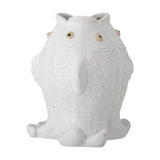 Fili Fish Stoneware Vase 19cm in white, shaped as two fish standing back to back with raised scale patterns, round eyes and curled tail feet, photographed on a plain white background.