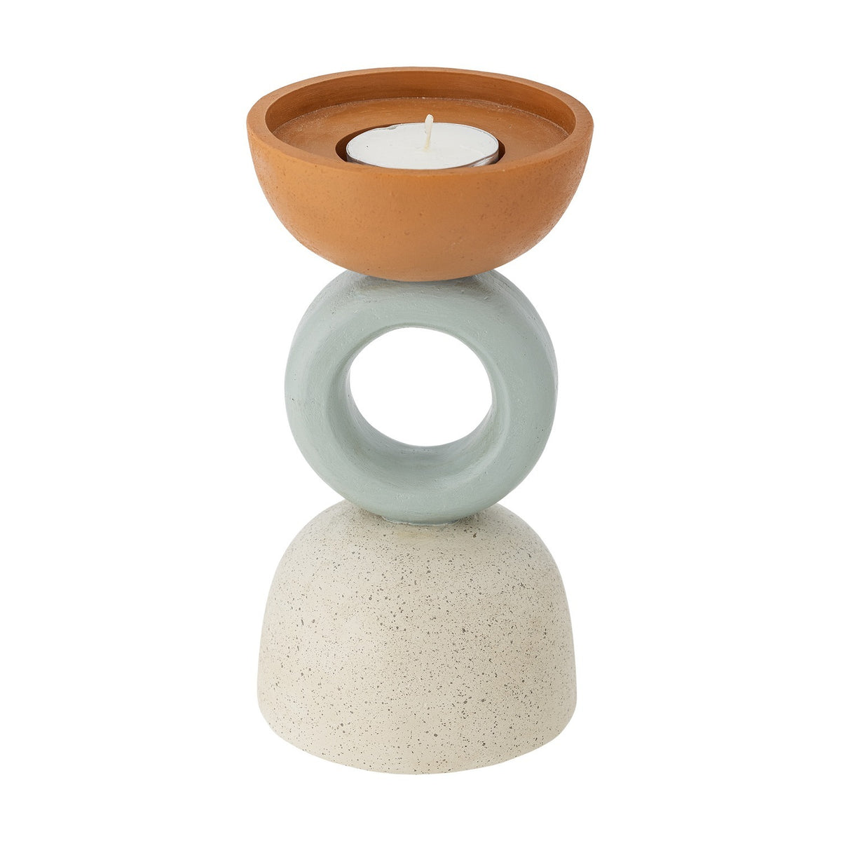 Loretta Speckled Resin Tealight Holder in multi colourway, with a terracotta bowl, sage green ring and speckled white dome base, shown with a tealight on a white background.