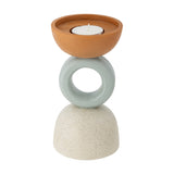 Loretta Speckled Resin Tealight Holder in multi colourway, with a terracotta bowl, sage green ring and speckled white dome base, shown with a tealight on a white background.