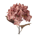 Artificial hydrangea stem, 65cm, with a full pink four-petalled flowerhead, two brown leaves, and a jointed stem, shown against a plain white background.