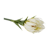 Artificial lily stem with a white flowerhead of curling pointed petals, slim leaves beneath, and a slender green stem, shown on a plain white background.