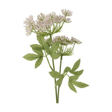 Fennel Artificial Stem in pink, a single faux plastic stem branching into two lacy flower heads with tiny pink florets and serrated green leaves, shown on a plain white background.