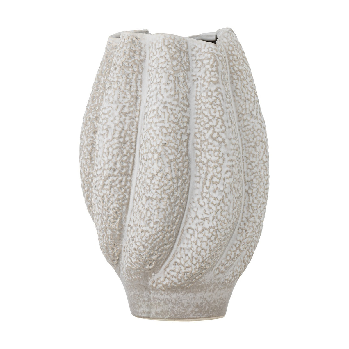 Cove Stoneware Vase 28cm in white, with lobed, shell-like ridges, a pebbled textured surface, wavy rim, and narrow footed base, shown against a plain white background.