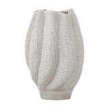 Cove Stoneware Vase 28cm in white, with lobed, shell-like ridges, a pebbled textured surface, wavy rim, and narrow footed base, shown against a plain white background.