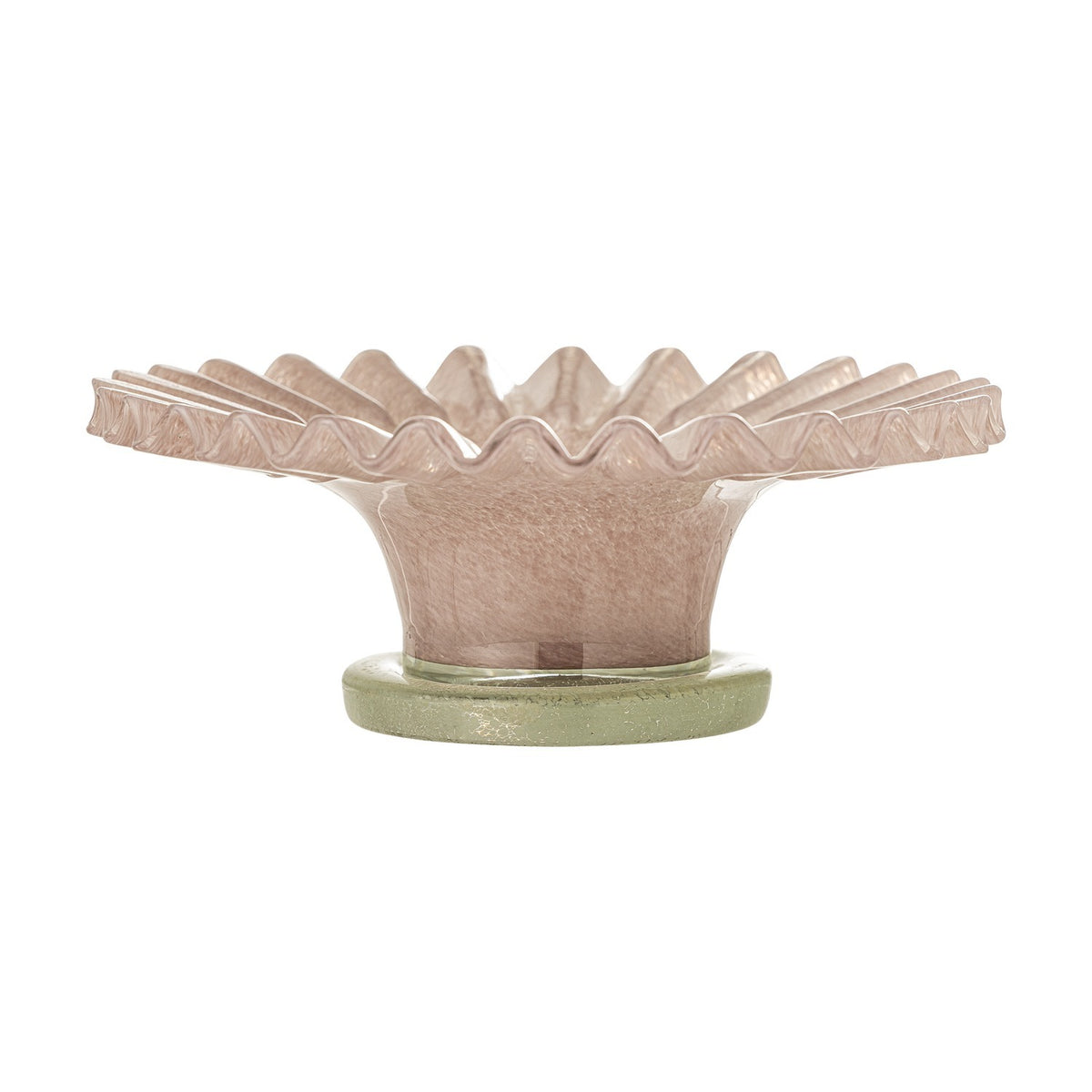 Garnet Glass Bowl 29cm in pink, a wide shallow bowl with a ribbed, wavy rim and flared body set on a round green glass foot, shown on a plain white background.