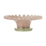 Garnet Glass Bowl 29cm in pink, a wide shallow bowl with a ribbed, wavy rim and flared body set on a round green glass foot, shown on a plain white background.