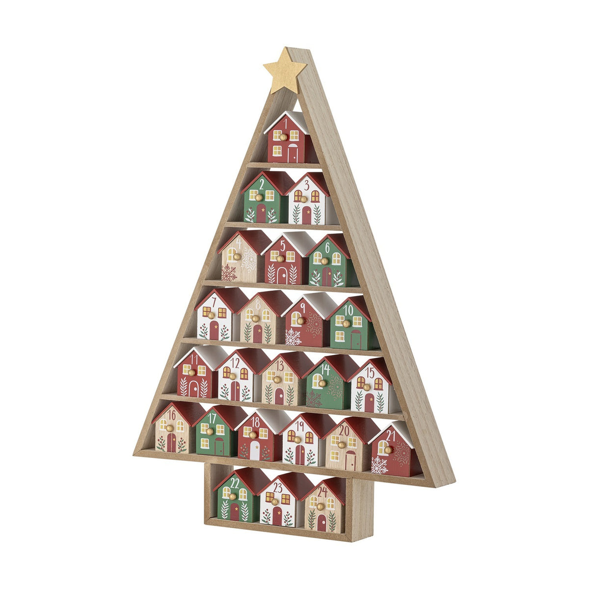 Calvin Christmas Tree Advent Calendar, a triangular MDF frame with gold star top and shelves of numbered 1-24 houses in red, green and white, each with a round knob, on a plain white background.