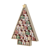 Calvin Christmas Tree Advent Calendar, a triangular MDF frame with gold star top and shelves of numbered 1-24 houses in red, green and white, each with a round knob, on a plain white background.