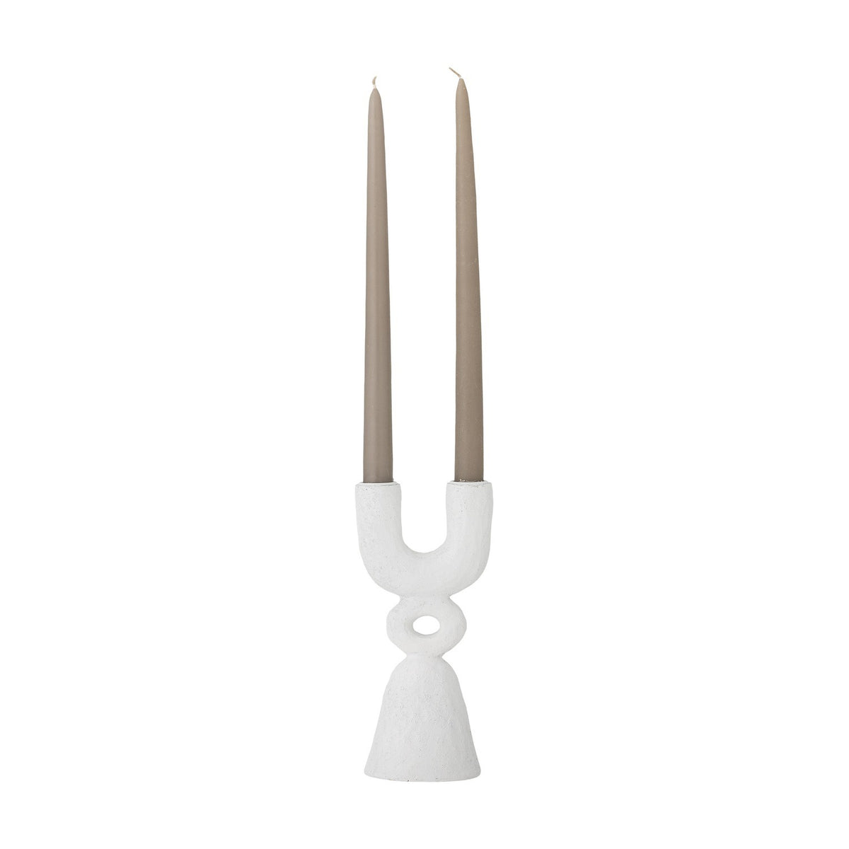 Syra Resin Candle Holder 22cm in white, sandy-textured, with two U-shaped arms holding taper candles above a ring link and flared bell base, on a plain background.