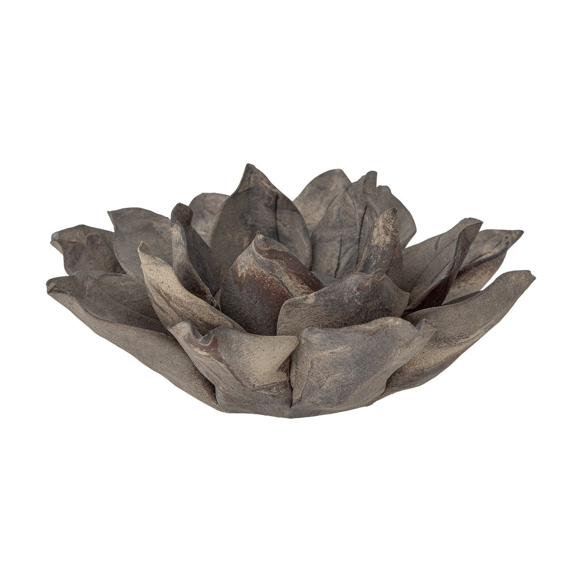 Eira Flower Stoneware Tealight Holder in brown, shaped like an open bloom with layered pointed petals and a curled inner ring around the tealight well, on a plain white background.