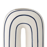 Close-up of the Mae Striped Ceramic Vase 32cm in White, showing its arched loop shape with navy blue outline stripes on a white ceramic finish, set against a plain background.