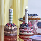 Hooray Resin Birthday Decorations Set of 2: two mini cake ornaments with berry toppings, one with a green-striped candle, the other dotted with gold flame tips and a "25" number pick.