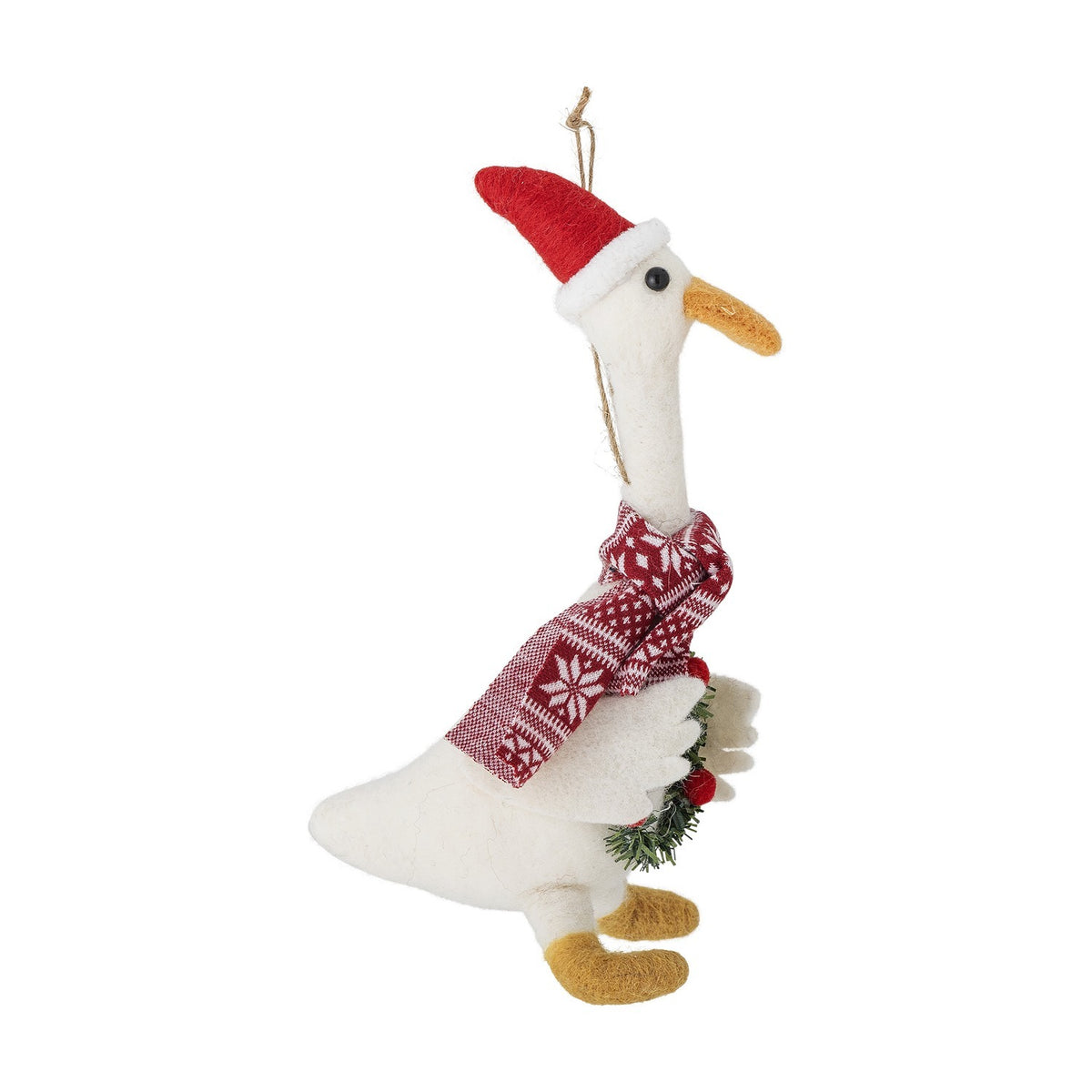Arlo Wool Christmas Tree Decoration in White, a felted goose figure with a red Santa hat, knitted snowflake-pattern scarf, wreath in its wings, and a hanging loop, shown on a white background.