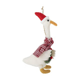 Arlo Wool Christmas Tree Decoration in White, a felted goose figure with a red Santa hat, knitted snowflake-pattern scarf, wreath in its wings, and a hanging loop, shown on a white background.