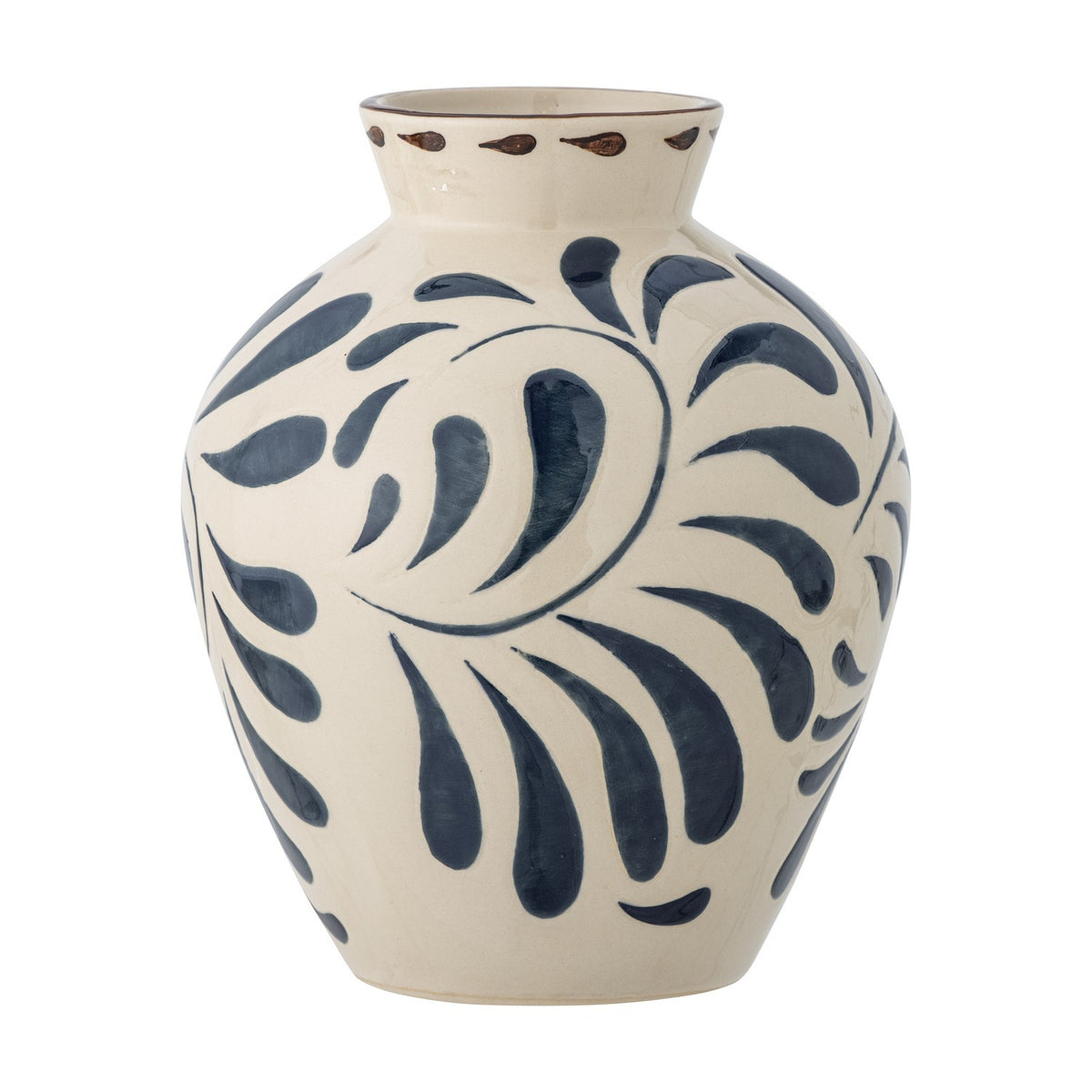 Heikki Stoneware Vase 24cm in cream, rounded ceramic body with hand-painted navy leaf motif and dotted rim detail, shown on a plain white background.