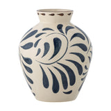 Heikki Stoneware Vase 24cm in cream, rounded ceramic body with hand-painted navy leaf motif and dotted rim detail, shown on a plain white background.