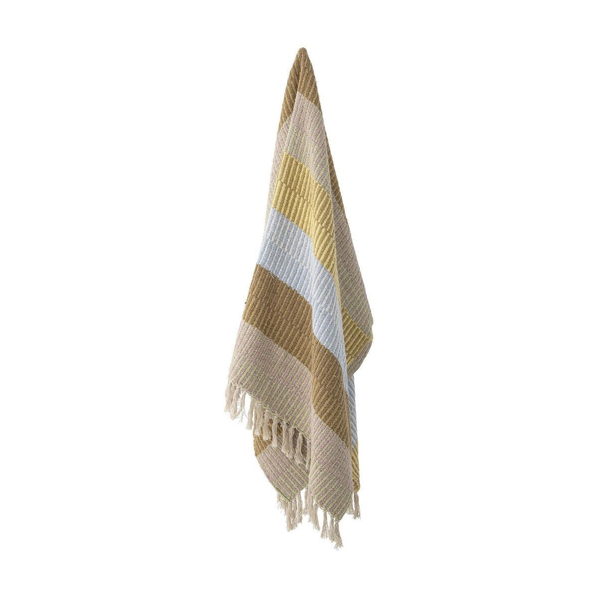 Isnel Yellow Striped Throw hanging against a plain white background, showing a woven fabric with mustard, beige, and pale blue stripes and knotted tassel fringe at the edge.