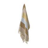 Isnel Yellow Striped Throw hanging against a plain white background, showing a woven fabric with mustard, beige, and pale blue stripes and knotted tassel fringe at the edge.