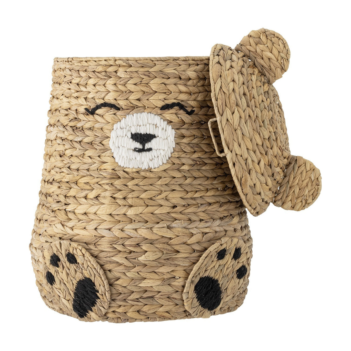 Timone Bear water hyacinth storage basket with lid, woven in natural wicker with bear ears, stitched face and paw details, shown on a plain white background.