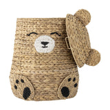 Timone Bear water hyacinth storage basket with lid, woven in natural wicker with bear ears, stitched face and paw details, shown on a plain white background.