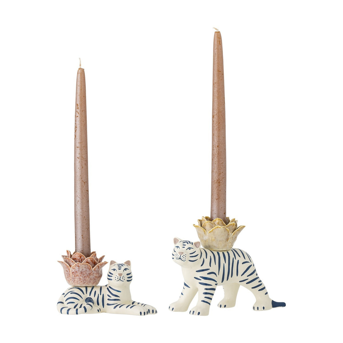 Set of 2 Rory striped stoneware tiger candle holders in multicoloured ceramic, lying and standing poses, each holding a flower-shaped cup with a tall taper candle.