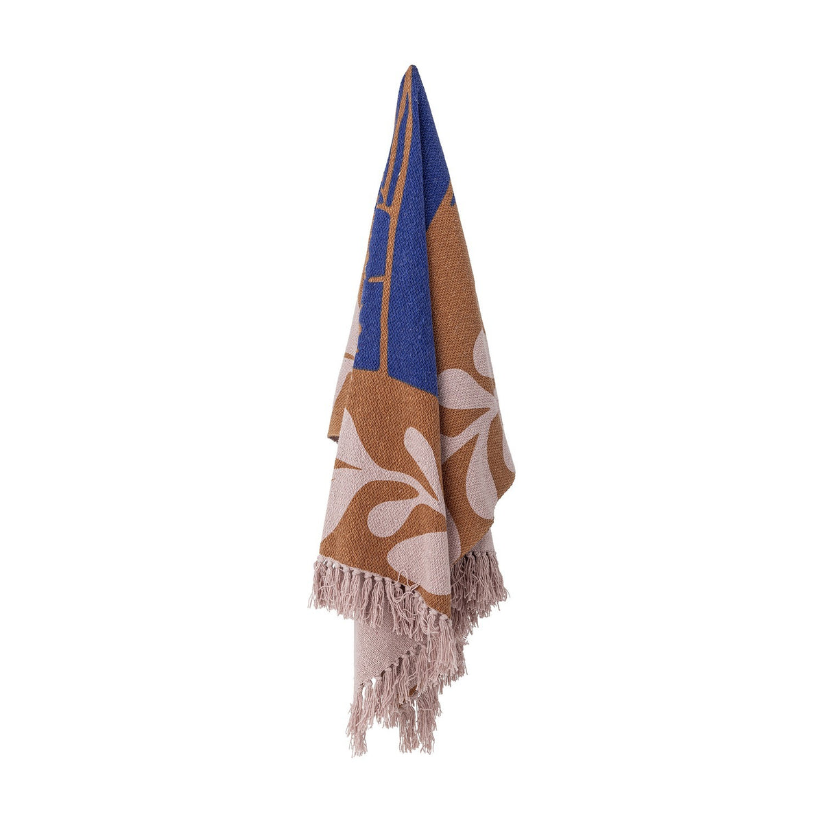 Atle Leaf Cotton Throw in brown with blue accents, featuring a woven leaf pattern and fringed edges, shown hanging against a plain white background.