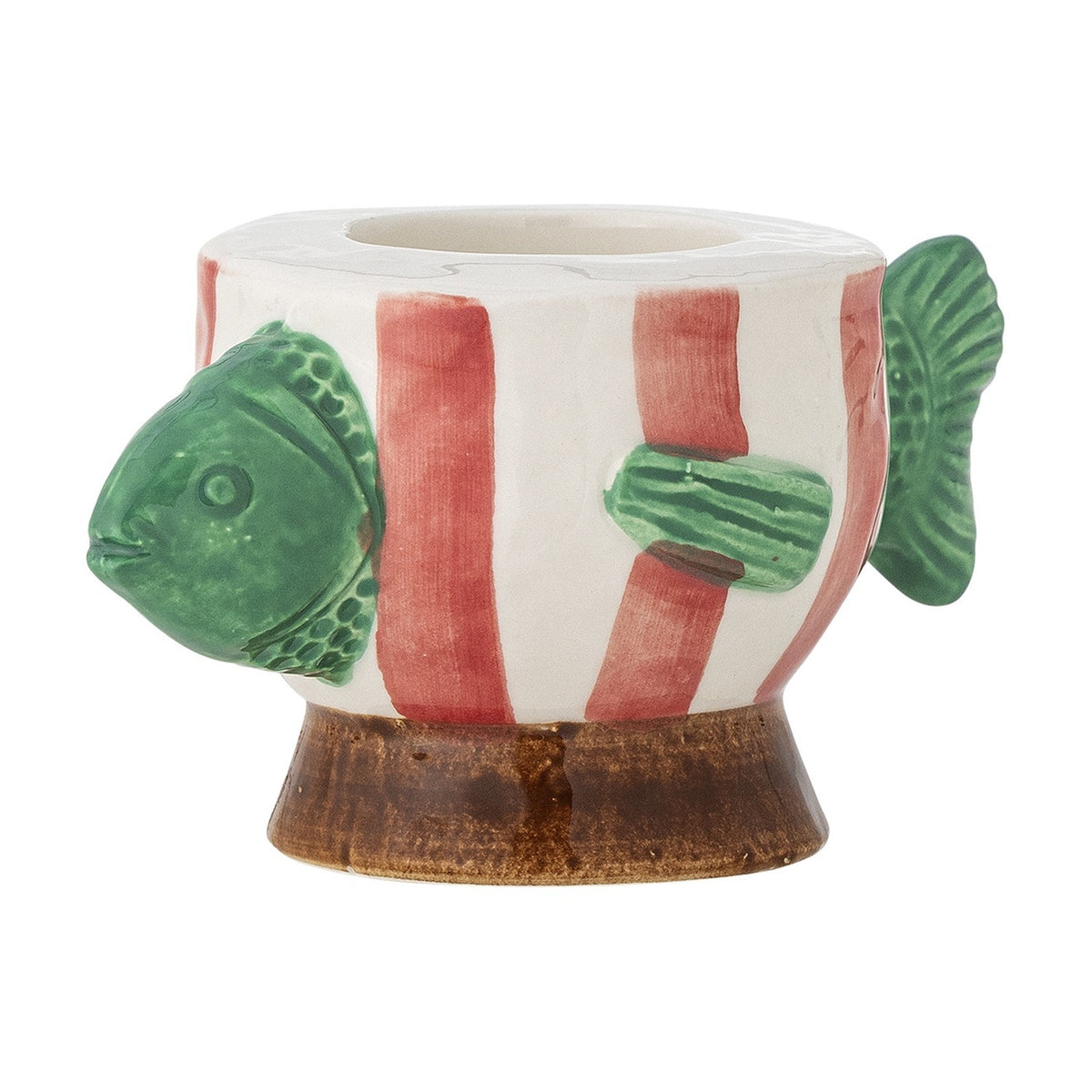 Codia Fish stoneware tealight holder with green fish head and tail, red striped round body, and brown footed base, on a plain white background.