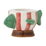 Codia Fish stoneware tealight holder with green fish head and tail, red striped round body, and brown footed base, on a plain white background.