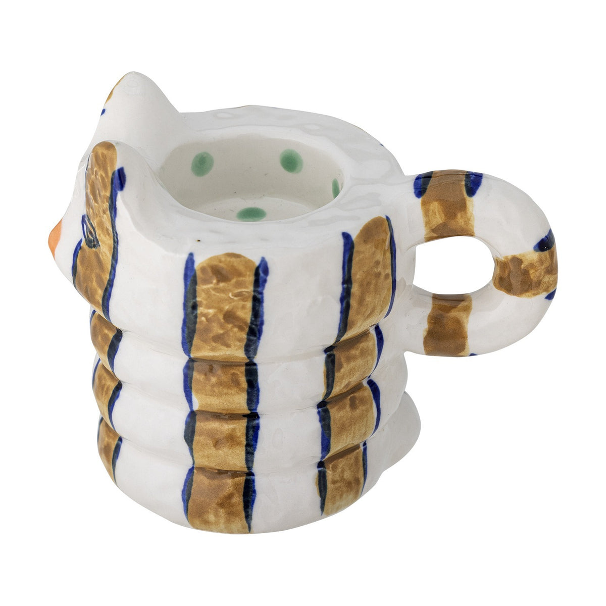 Caty Striped Stoneware Candle Holder in multicoloured bands, cat-shaped with a ribbed body, looped tail handle and pointed ears, shown on a plain white background.