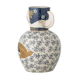 Hezha Floral Stoneware Vase 23.5cm in blue, round ceramic body with a golden bird and blue floral pattern, bird-head side handles, on a white background.