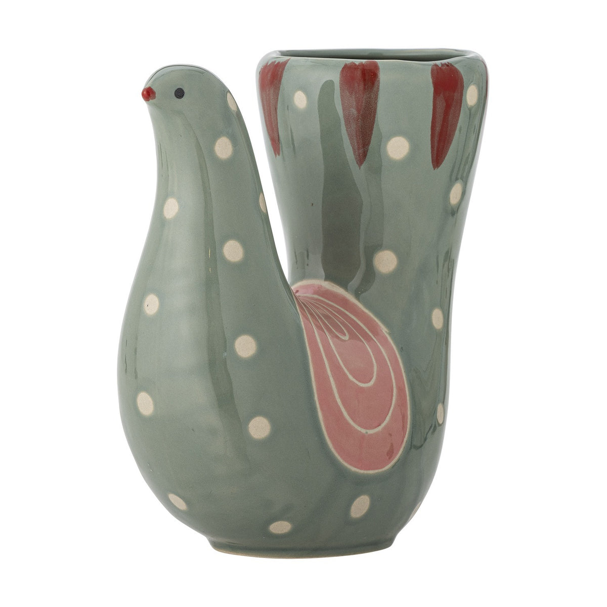 Trudy Bird Stoneware Vase in green, 19cm, bird-shaped ceramic vase with hand-painted dots, a pink wing design, and red-tipped tail opening, on a white background.