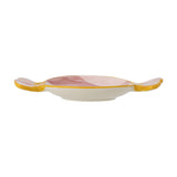 Side view of the Caramella Wrapped Sweet stoneware platter, pink swirl centre with twisted wrapper-shaped ends in yellow and white, on a plain white background.