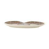 Treats Pretzel Stoneware Christmas Platter in brown, side view showing a twisted pretzel-shaped stoneware dish with glossy brown glaze and scattered white dots, cream rim, on a plain white background.