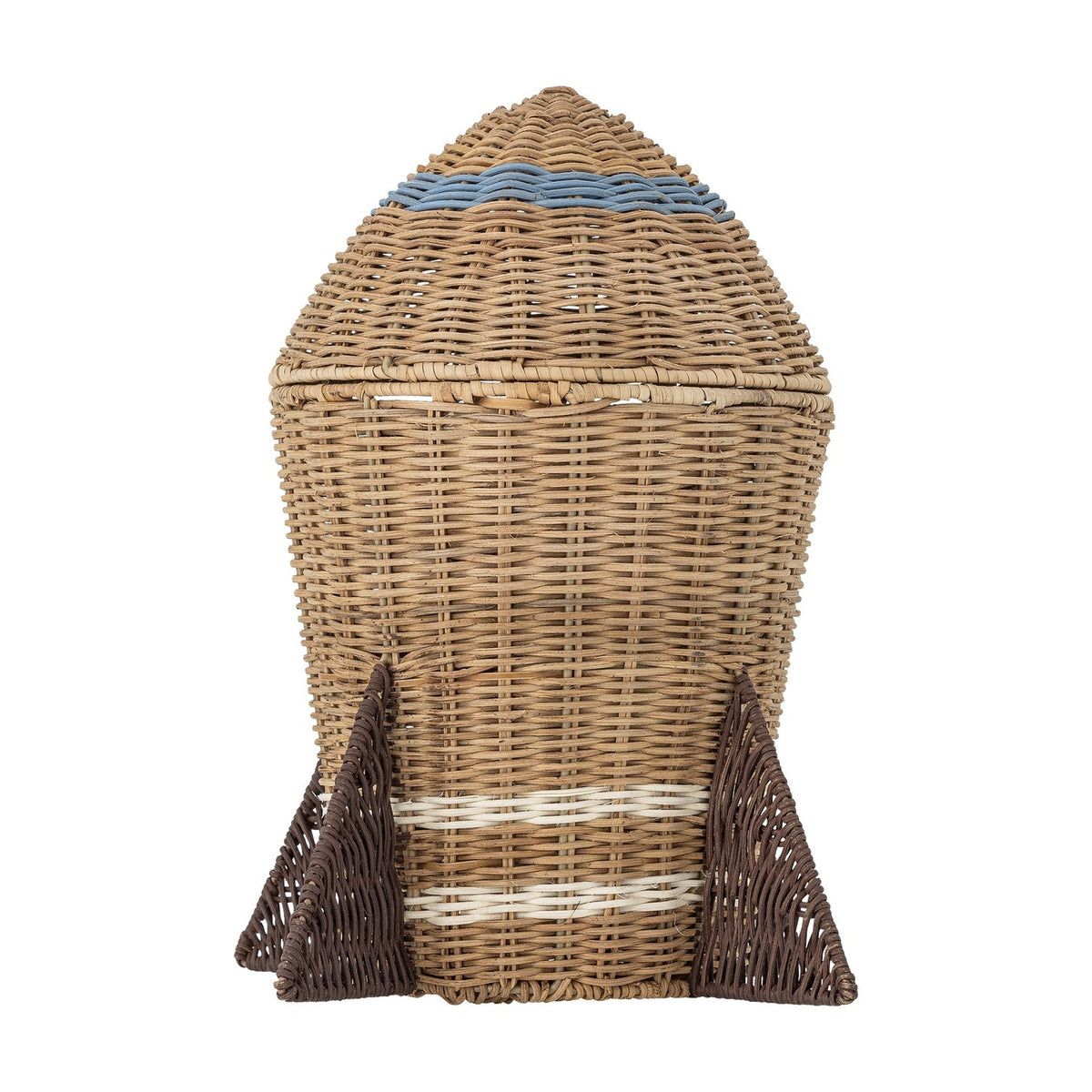Space Rocket Rattan Basket with Lid in natural woven finish, featuring a pointed lid, blue and white banded details, and triangular dark fins, shown on a white background.