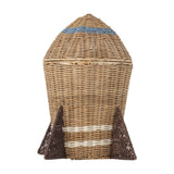 Space Rocket Rattan Basket with Lid in natural woven finish, featuring a pointed lid, blue and white banded details, and triangular dark fins, shown on a white background.