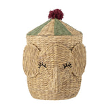 Bobo Elephant woven water hyacinth storage basket with lid, featuring a trunk, ears, stitched eyelashes, a green-striped cone lid, and a burgundy pompom, on a white background.