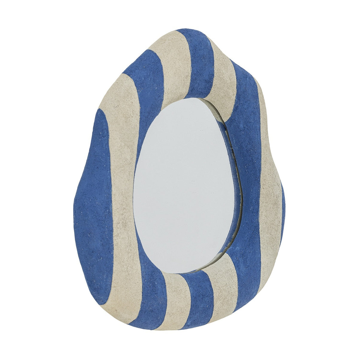 Travis Striped Resin Wall Mirror in blue, featuring an irregular rounded frame with broad blue and white stripes around an off-centre mirror, shown on a plain white background.