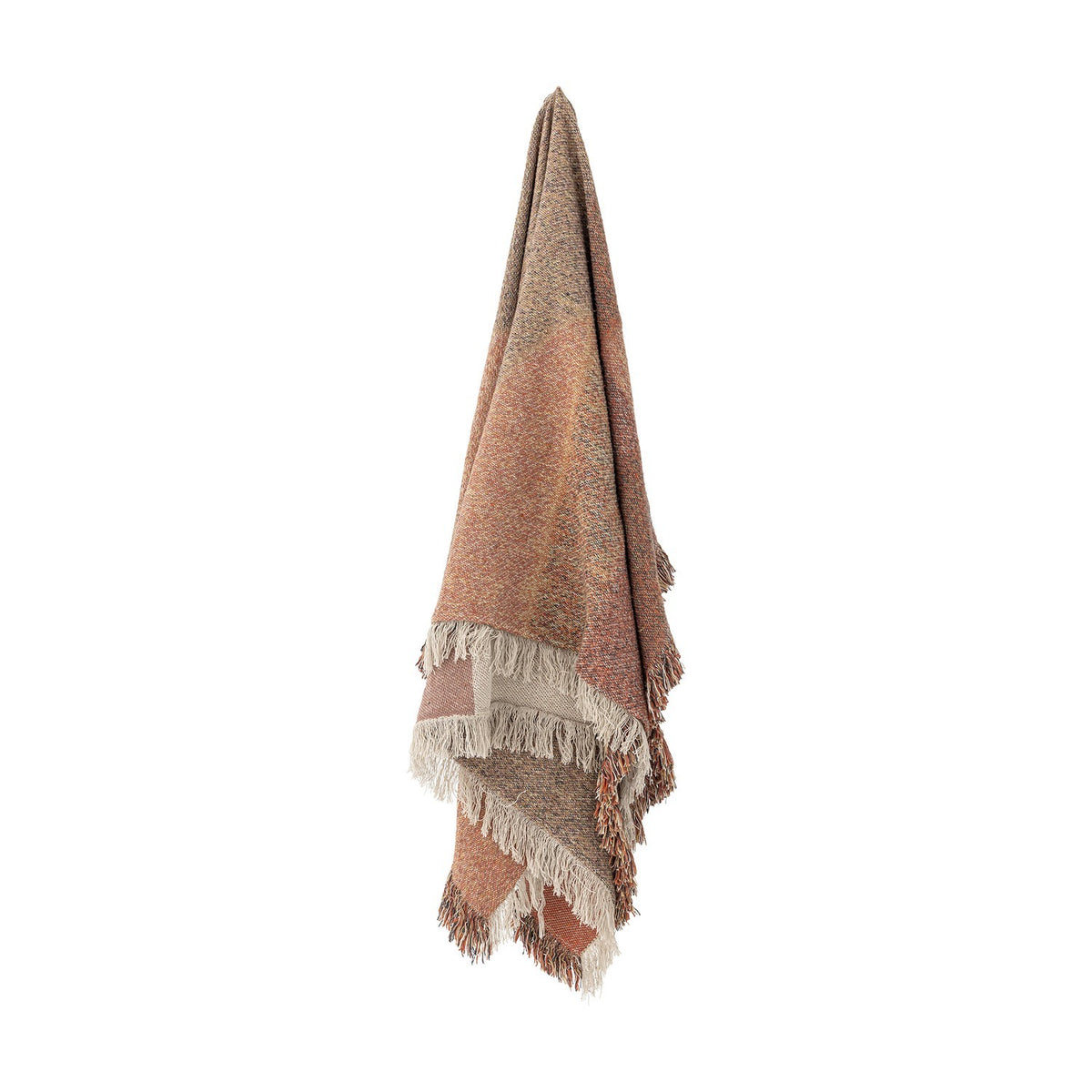 Arni Throw in Multi, a woven fabric throw in rust, terracotta and beige tones with a speckled weave and thick mixed-yarn fringe, shown hanging against a plain white background.