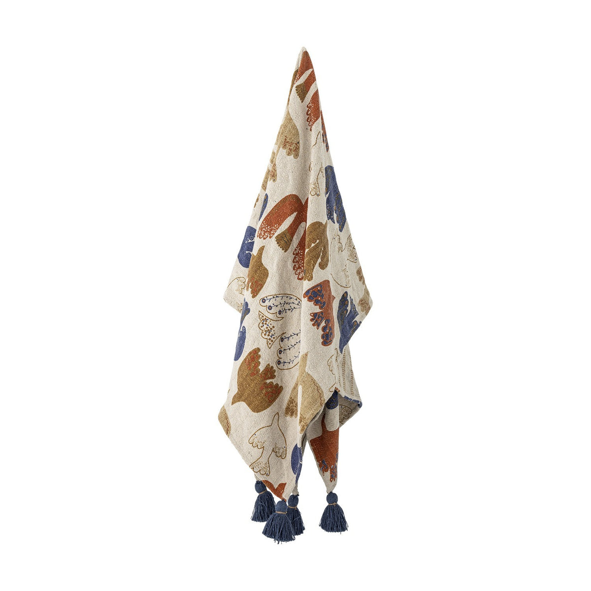 Anniversary Cotton Throw in multicoloured bird and wing print, shown hanging with navy tassel corners against a plain white background.