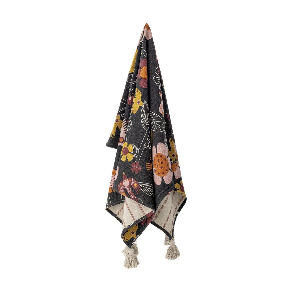 Vivielle Striped Throw in Multi, fabric throw hanging against a plain white background, showing a floral and leaf pattern on one side with striped reverse and tasselled corners.