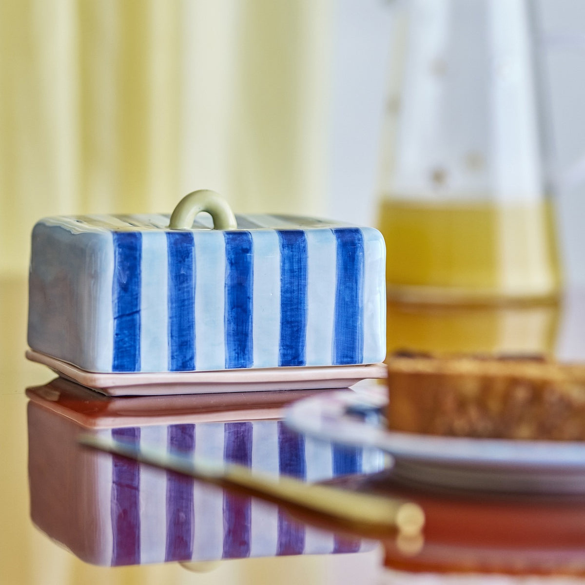 Phoenix Striped Stoneware Butter Dish - Blue