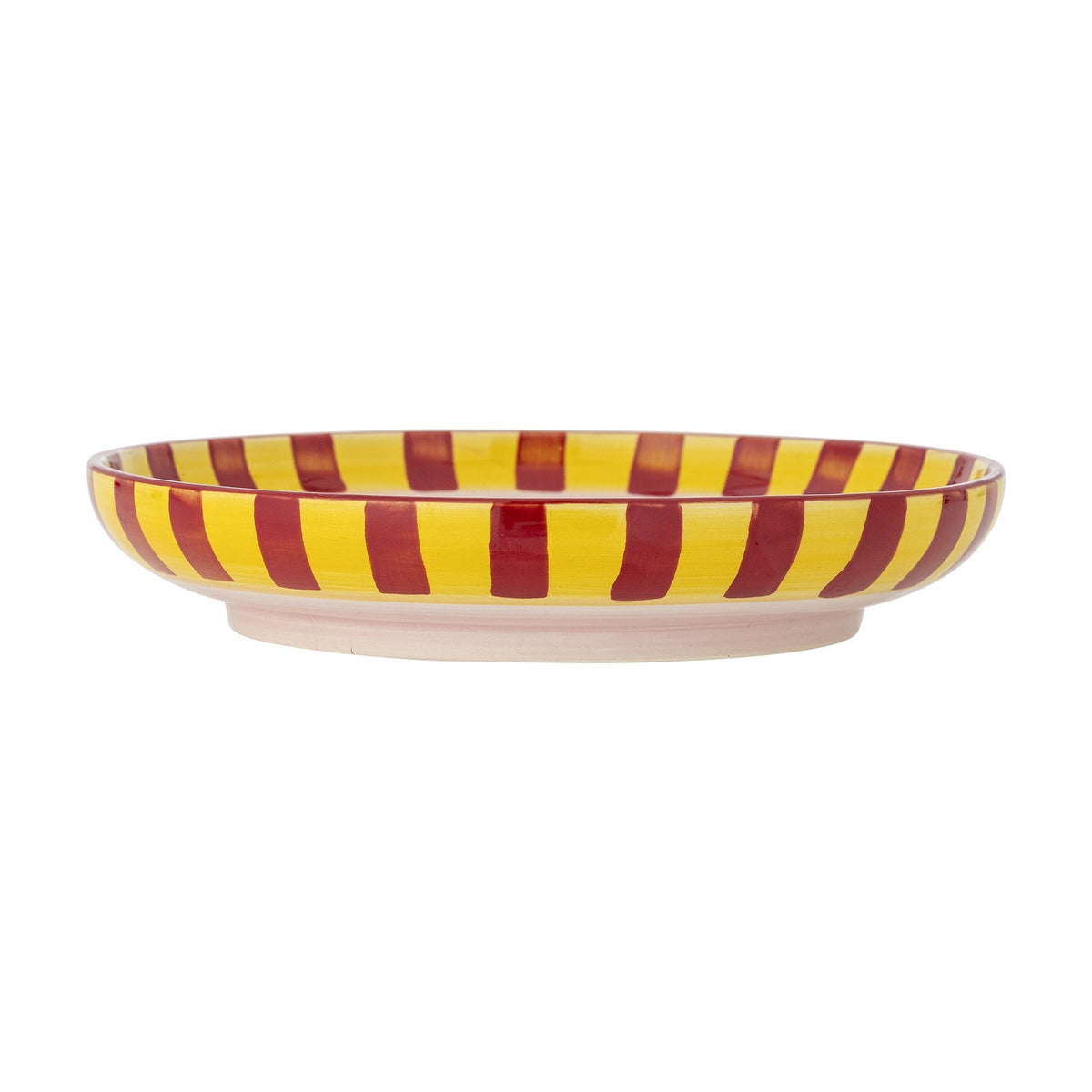 Missy Striped Stoneware Tray in Multi, a round deep-sided ceramic serving dish with handpainted yellow and red stripes around the rim and outer wall, shown on a plain white background.