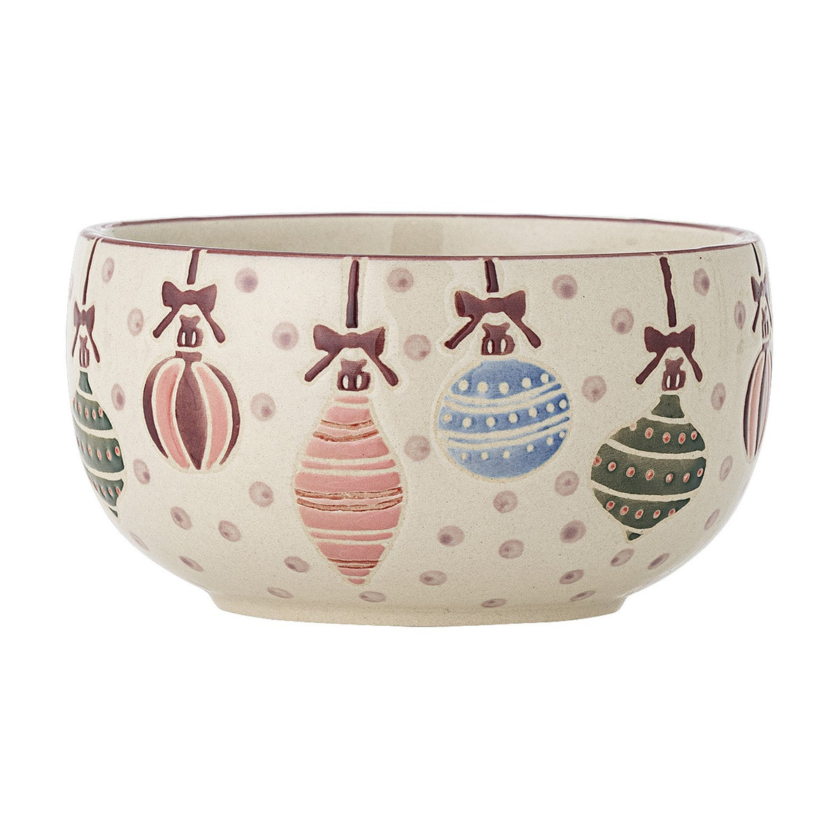 Ornamentia stoneware bowl with embossed Christmas bauble pattern, hand-painted in pink, blue and green with bows and dotted detailing, on a white background.