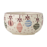 Ornamentia stoneware bowl with embossed Christmas bauble pattern, hand-painted in pink, blue and green with bows and dotted detailing, on a white background.