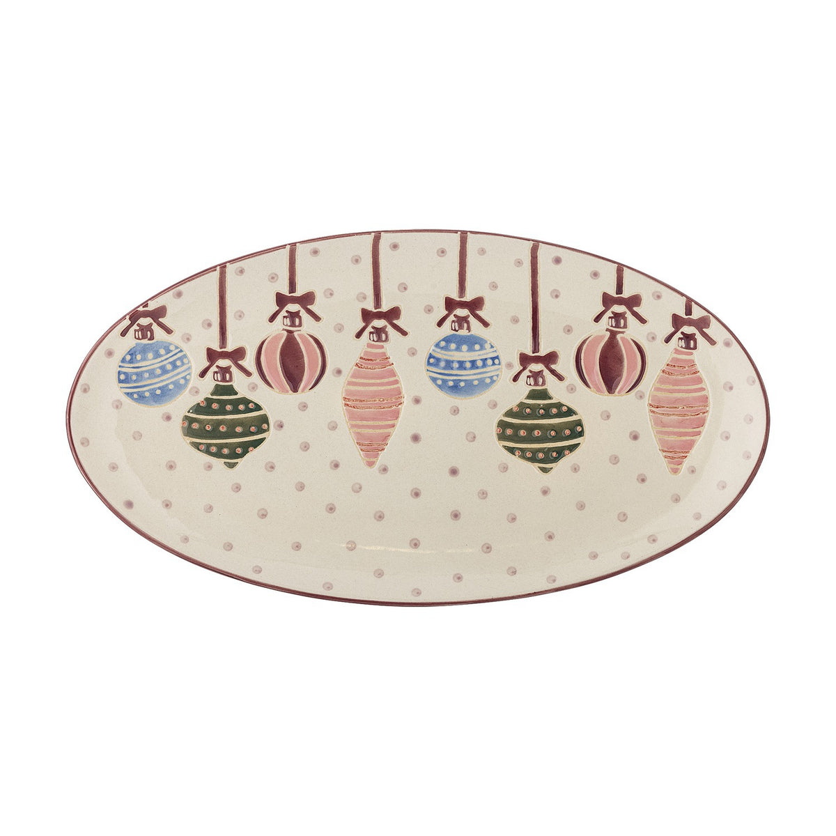 Ornamentia stoneware Christmas platter, oval shape with raised rim, hand-painted with multicoloured hanging baubles tied in bows on ribbons over a dotted cream ground, shown on a white background.