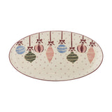Ornamentia stoneware Christmas platter, oval shape with raised rim, hand-painted with multicoloured hanging baubles tied in bows on ribbons over a dotted cream ground, shown on a white background.